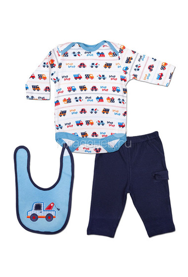 Комплект Bon Bebe Бон Бебе для мальчика: боди длинный рукав, штанишки, нагрудник, цвет голубой-синий  0