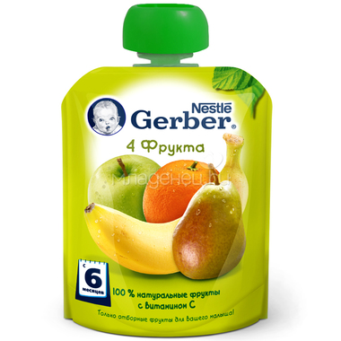 Пюре Gerber фруктовое 90 гр 4 фрукта 0