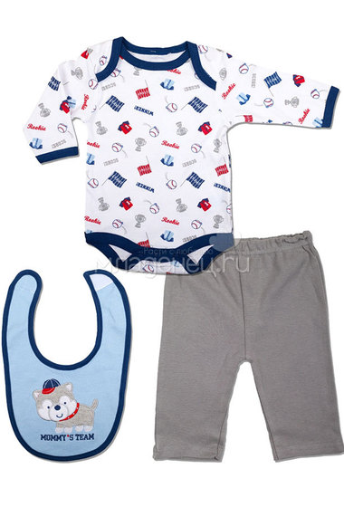 Комплект Bon Bebe Бон Бебе для мальчика: боди длинный рукав, штанишки, нагрудник, цвет голубой-серый  0