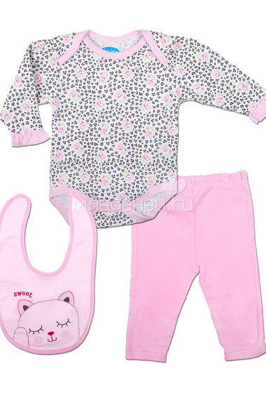 Комплект Bon Bebe Бон Бебе для девочки: боди, леггинсы, нагрудник, цвет серый/светло-розовый  0