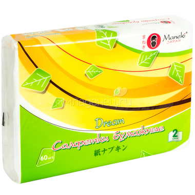 Салфетки бумажные Maneki белые 2 слоя Dream 60 шт 1