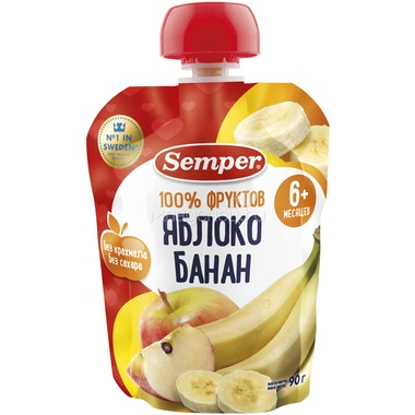 Пюре Semper фруктовое 90 гр Яблоко и банан с витамином С (с 6 мес) 0
