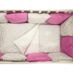 Комплект в кроватку ByTwinz с бортиками-подушками 6 предметов Дамаск Малина
