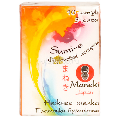 Платочки бумажные Maneki Sumi-e 3 слоя с ароматом фруктов 10 упаковок х 10 шт 2