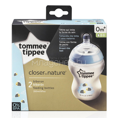 Бутылочки Tommee tippee Closer to nature С антиколиковым клапаном 2 шт 260 мл (с 0 мес) медл поток, гол 1