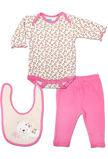Комплект Bon Bebe Бон Бебе для девочки: боди длинный рукав, леггинсы, нагрудник,цвет бежевый-розовый  0