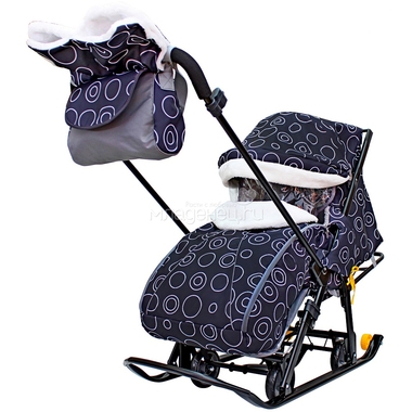 Санки-коляска SNOW GALAXY LUXE на больших мягких колесах сумка муфта Круги на черном 1