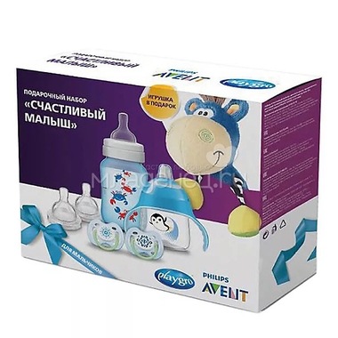 Набор Philips Avent для новорожденных Для мальчика (бутылочка, соска, пустышка, чашка-поильник, игрушка) с 0 мес 0