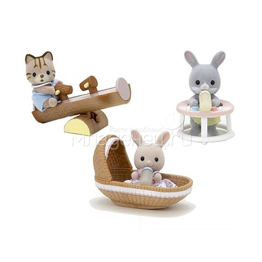 Игровой набор Sylvanian Families Младенец в пластиковом сундучке кот на качелях, кролик в люльке, кролик в ходунках 0