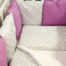 Комплект в кроватку ByTwinz с бортиками-подушками 6 предметов Дамаск Фуксия