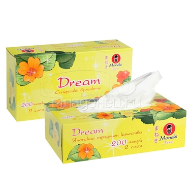 Салфетки бумажные Maneki Dream 2 слоя белые (200 шт в коробке) 1