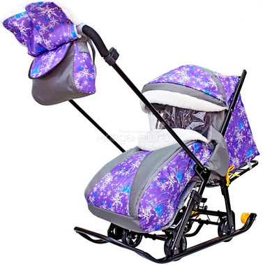 Санки-коляска SNOW GALAXY LUXE на больших мягких колесах сумка муфта Елки на Фиолетовом 1