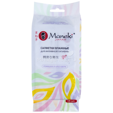 Салфетки влажные Maneki Kaiteki для интимной гигиены С алое и ромашкой (в индивидуальной упаковке) 15 шт 0