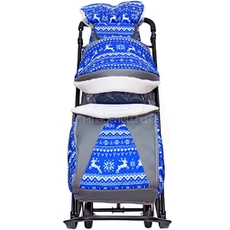 Санки-коляска SNOW GALAXY LUXE на больших мягких колесах сумка муфта Зимняя ночь Олени Синии