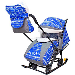 Санки-коляска SNOW GALAXY LUXE на больших мягких колесах сумка муфта Зимняя ночь Олени Синии
