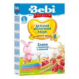 Каша Bebi Premium молочная 200 гр Злаки с малиной и вишней (с 6 мес)