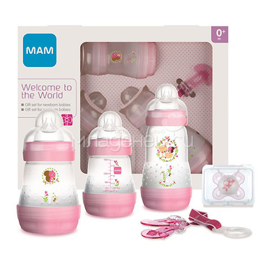 Набор подарочный MAM для новорожденных (бутылочки 2 шт 160 мл, 1 шт 260 мл, 1 пустышка и держатель д/пустышки) с 0 мес розовый 0