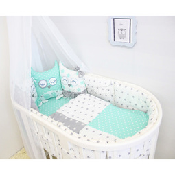 Комплект постельного белья ByTwinz для круглой кроватки с игрушками Совушка мята