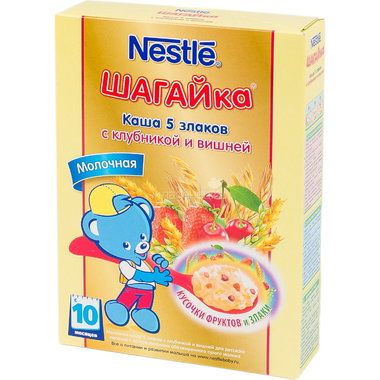 Каша Nestle Шагайка молочная 200 гр 5 злаков с клубникой и вишней (с 10 мес) 0