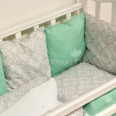 Комплект в кроватку ByTwinz с бортиками-подушками 6 предметов Дамаск Мята 0