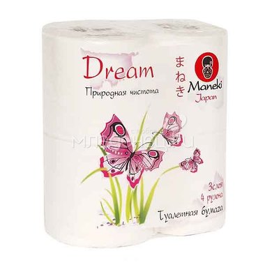 Туалетная бумага Maneki Dream 3 слоя 3 слоя (4 рулона в упаковке) с розовым тиснением 23 м 0