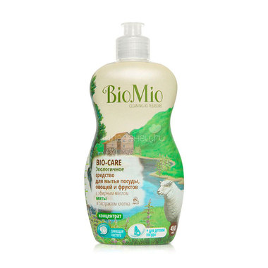 Экологичное средство для мытья посуды овощей и фруктов BioMio 450 мл. с эфирным маслом мяты экстрактом хлопка и ионами серебра 450 мл 0