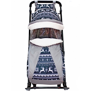 Санки-коляска SNOW GALAXY LUXE на больших мягких колесах сумка муфта Полярная ночь Олени Черные 3