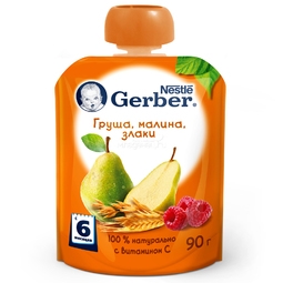 Пюре Gerber фруктовое 90 гр Груша малина злаки (с 6 мес)