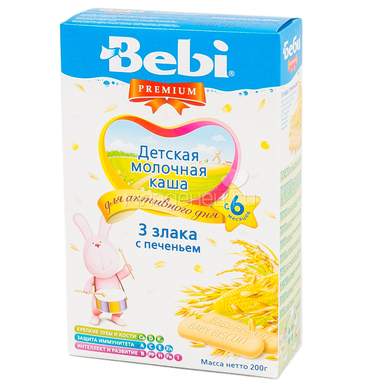 Каша Bebi Premium молочная 200 гр 3 злака с печеньем (с 6 мес) 0