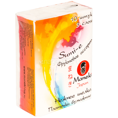 Платочки бумажные Maneki Sumi-e 3 слоя с ароматом фруктов 10 упаковок х 10 шт 3