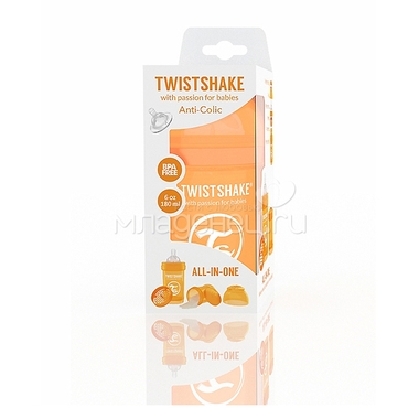 Бутылочка Twistshake 180 мл Антиколиковая (с 0 мес) оранжевая 1