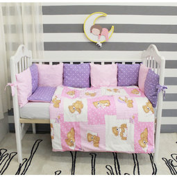 Комплект в кроватку ByTwinz с бортиками-подушками Тедди розовые