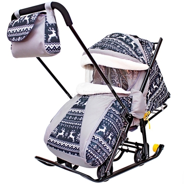 Санки-коляска SNOW GALAXY LUXE на больших мягких колесах сумка муфта Полярная ночь Олени Черные 1