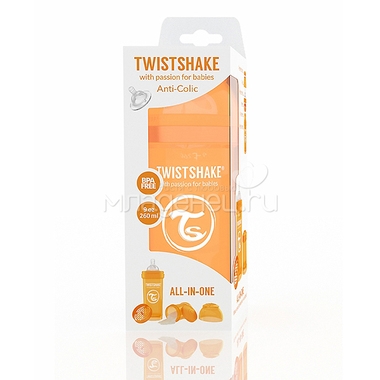 Бутылочка Twistshake 260 мл Антиколиковая (с 0 мес) оранжевая 2