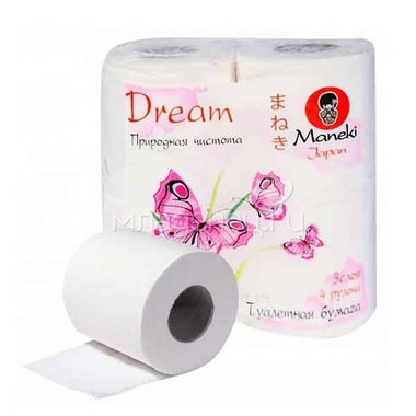 Туалетная бумага Maneki Dream 3 слоя 3 слоя (4 рулона в упаковке) с розовым тиснением 23 м 1