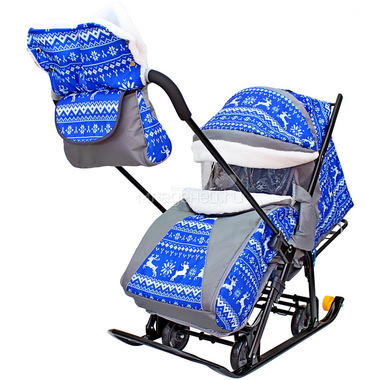 Санки-коляска SNOW GALAXY LUXE на больших мягких колесах сумка муфта Зимняя ночь Олени Синии 1