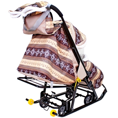Санки-коляска SNOW GALAXY LUXE на больших мягких колесах сумка муфта Скандинавия Коричневая 5
