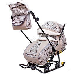Санки-коляска SNOW GALAXY LUXE на больших мягких колесах сумка муфта Скандинавская ночь Олени Коричневые
