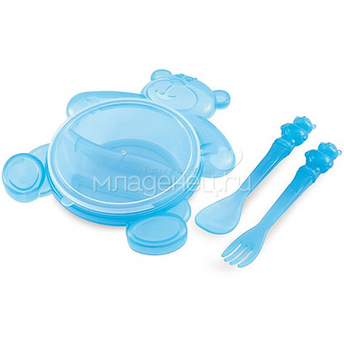 Набор посуды Canpol Babies Тарелка с крышкой, вилка и ложка (с 6 мес) голубой 0