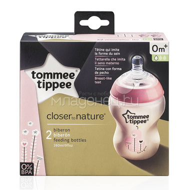 Бутылочки Tommee tippee Closer to nature С антиколиковым клапаном 2 шт 260 мл (с 0 мес) медл поток, роз 1