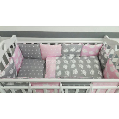 Комплект в кроватку ByTwinz с бортиками-подушками Совята розовые 1