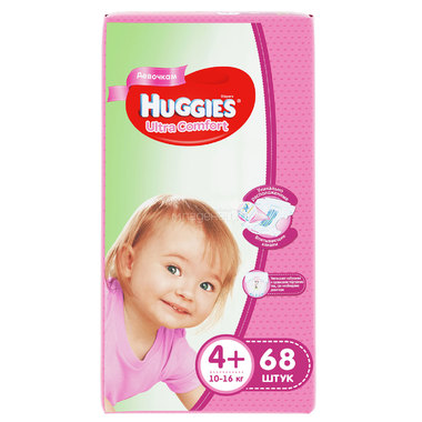 Подгузники Huggies Ultra Comfort Giga Pack для девочек 10-16 кг (68 шт) Размер 4+ 0
