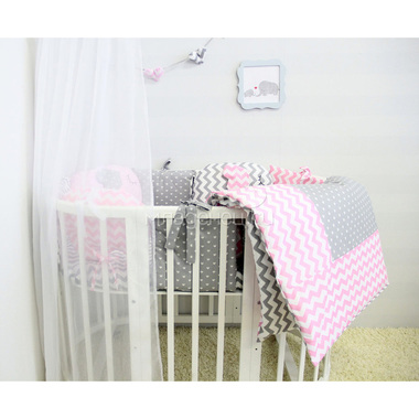 Комплект постельного белья ByTwinz для круглой кроватки с игрушками Слоники розовые 1