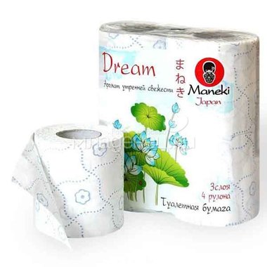 Туалетная бумага Maneki Dream 3 слоя 3 слоя (4 рулона в упаковке) с голубым тиснением 23 м 1