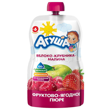 Пюре Агуша фруктово-ягодное 90 гр Яблоко клубника малина (с 6 мес) 0