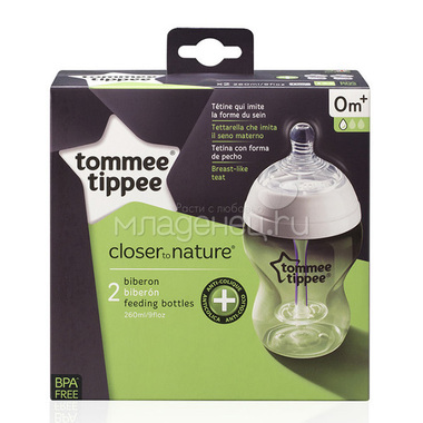 Бутылочки Tommee tippee Closer to nature С усиленным антиколиковым клапаном и индикатором температуры 2 шт 260 мл (с 0 мес) медл поток 1