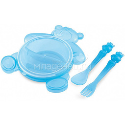 Набор посуды Canpol Babies Тарелка с крышкой, вилка и ложка (с 6 мес) голубой