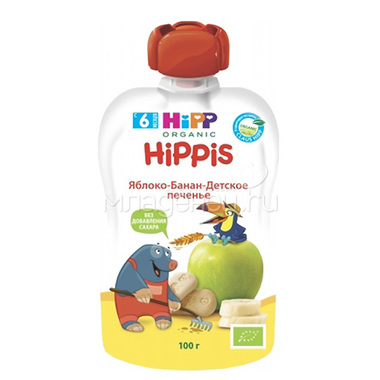 Пюре Hipp "Hippis" фруктовое 100 гр (пауч) Яблоко банан печенье (с 6 мес) 0