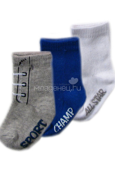Носочки Luvable Friends "Говорящие надписи", 3 пары, (нескользящие), цвета синий, серый и белый  0