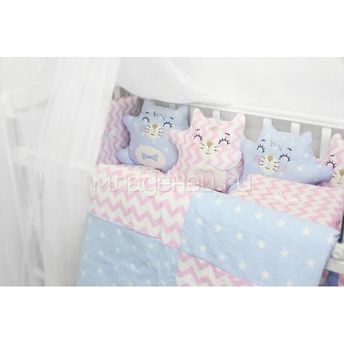 Комплект в кроватку ByTwinz Котики с игрушками Розово-голубой 3